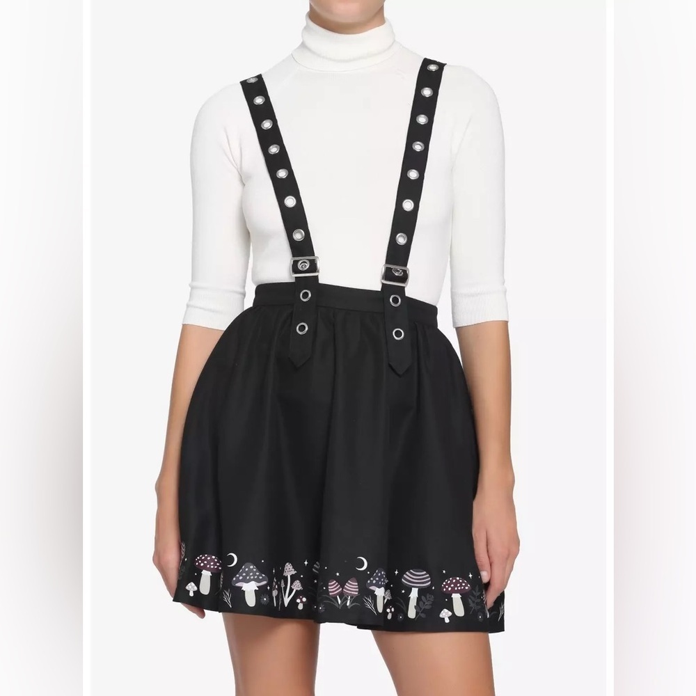 Hot Topic Black Suspender Skirt with Mushroom Print